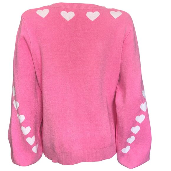 Kaily K Pink Cardigan Sweater w/ White Heart Pattern V-Neck Button Front Size XL - Picture 2 of 8